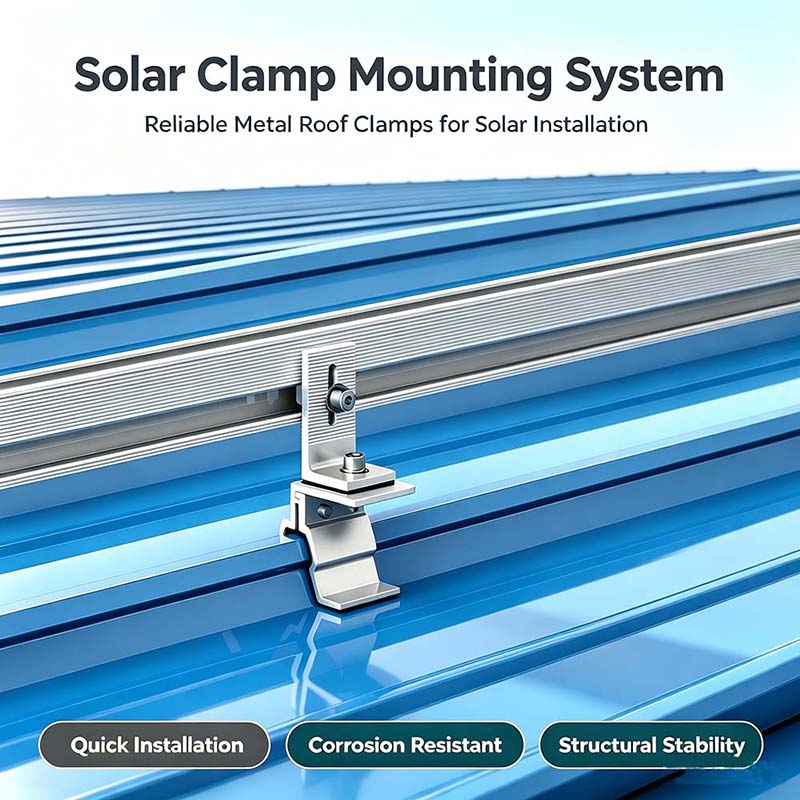 Sistema di montaggio solare con morsetti e binari: la soluzione non invasiva per installazioni affidabili su tetti metallici.